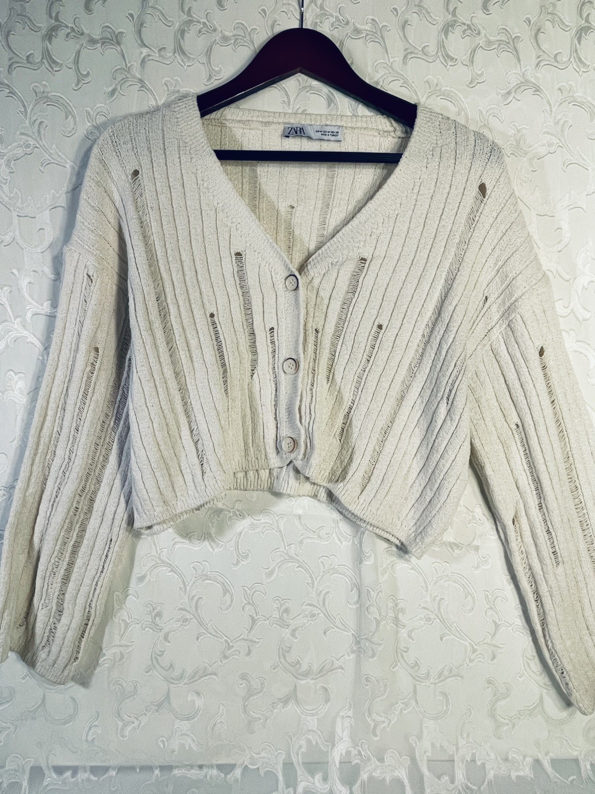 Zara Women's Openwork Distressed Crop Knit Cardigan in Ecru Size SMALL