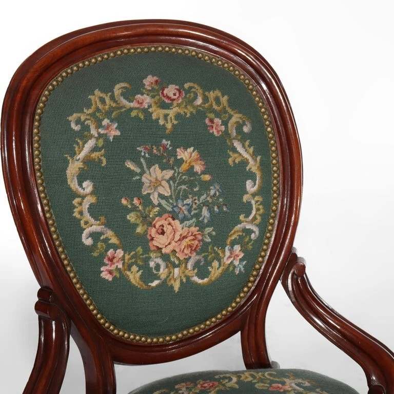 Pair Renaissance Revival Carved Walnut & Needlepoint Parlor Armchairs C1880 - Image 2 of 4