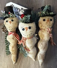 SET OF 3 Snowman Icicle Christmas Ornament Handmade Primitive Style Rustic