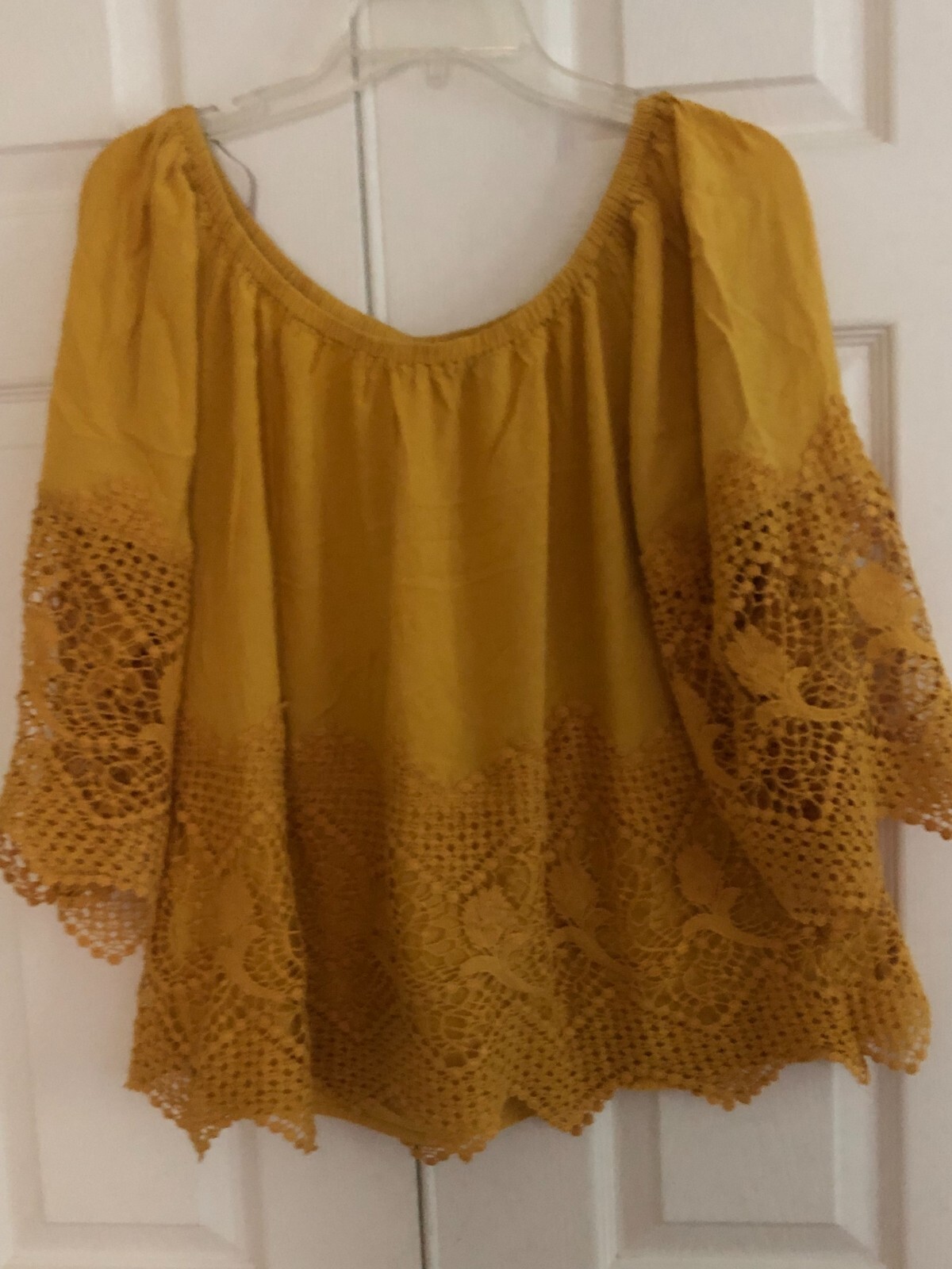 Miss Lili Plus Size 1X Off Shoulder Mustard Yellow Lace Trim Top Blouse Women image 10