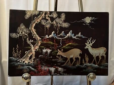 Vintage Vietnam Art 15.5 x 23.5 Gold Black Lacquer Painting on Board Folk Art