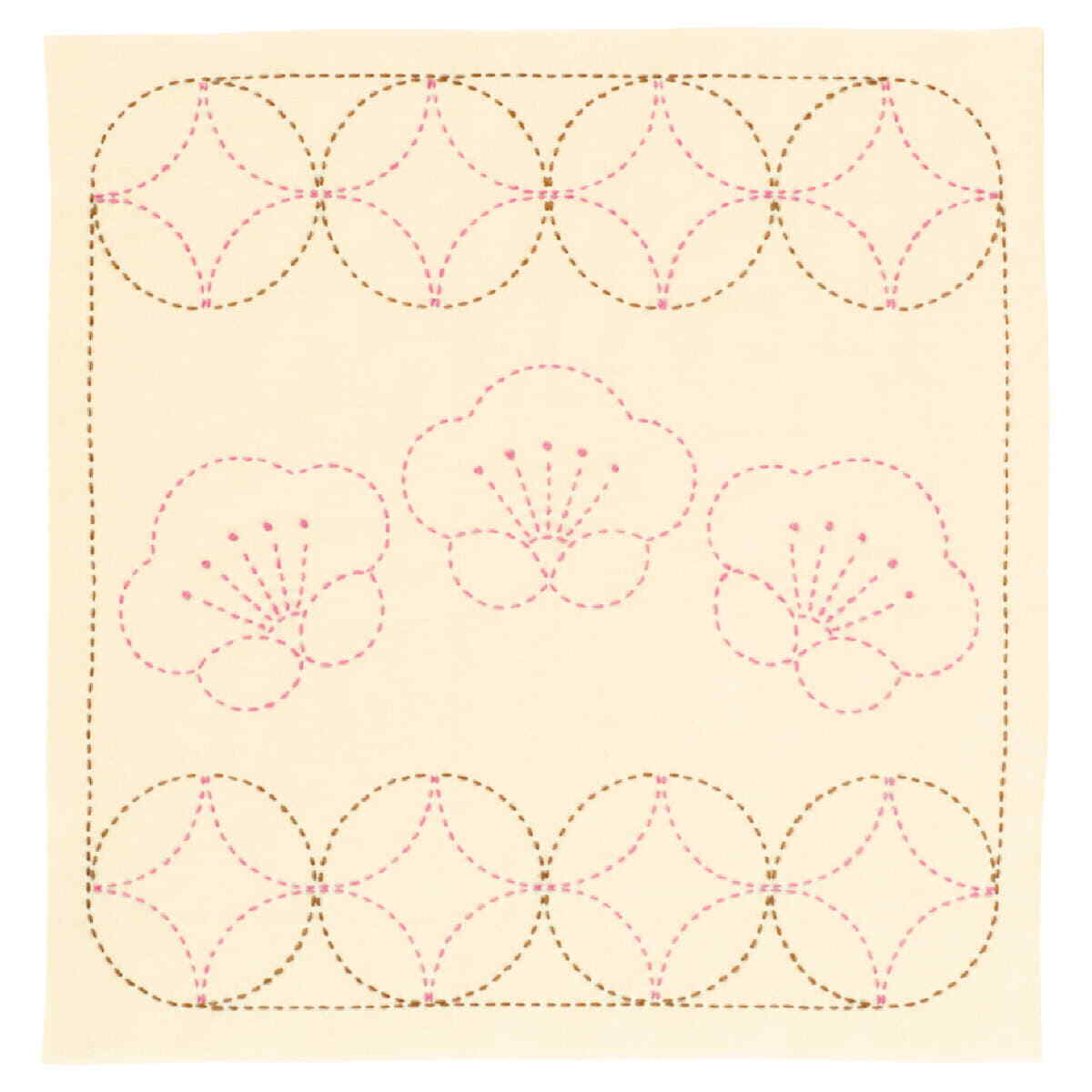 Olympus stamped Sashiko stitch kit ""Hana Fukin Plum and Maru-Shippou"", 33x33cm,