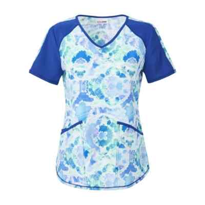 Scrubstar Women's Swirling Blue Tie Dye V-Neck Print Scrub Top with Pockets NEW!