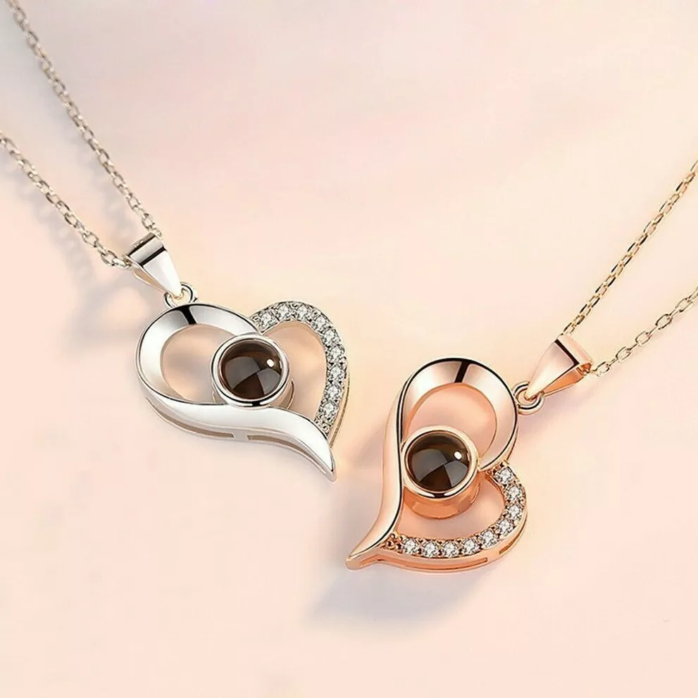 Two Hearts As One Love Pendant Projection Necklace I love you in