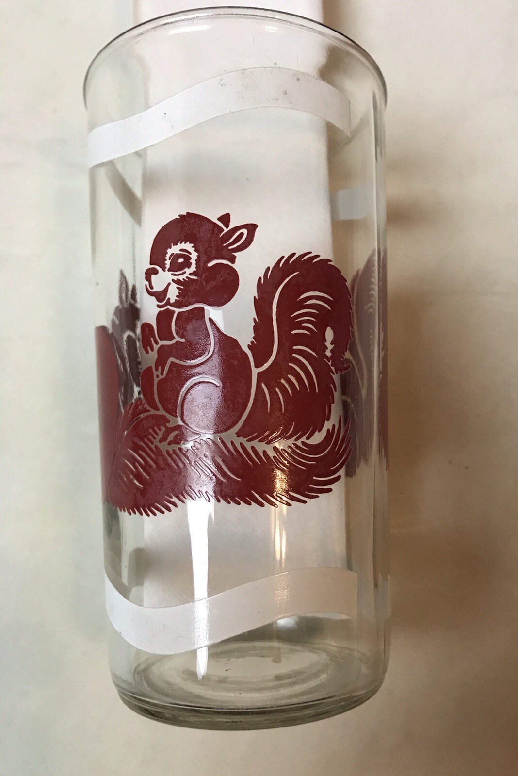 Vtg 1950's Blue Plate Peanut Butter Three Sided Red Squirrel Glass. 5 1