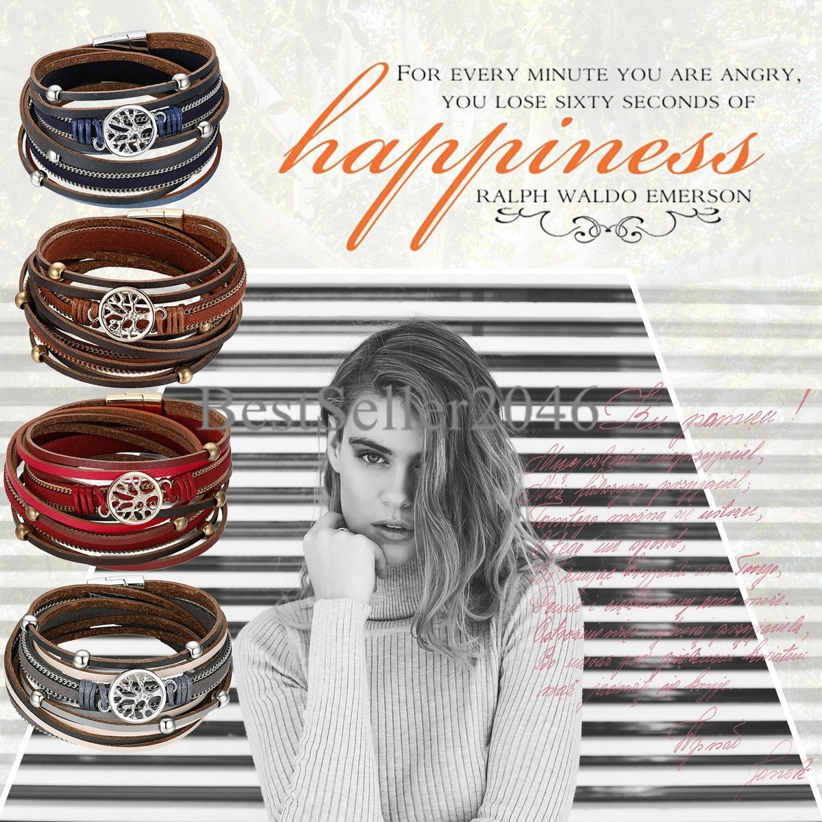 Bracciale Avvolgente In Pelle Multistrato UEUC 'Tree Of Life' - Polsino Boho Fatto A Mano Con Forte Chiusura Magnetica - Gioiello Casual Per Donna E Ragazza, Regalo Originale