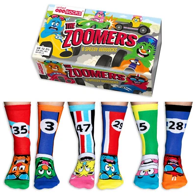 UNITED ODDSOCKS BOYS ZOOMERS ODD SOCKS RACING SOCKS BOYS SIZE 12 - 6 GIFT BOX