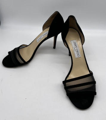 Jimmy Choo Black Suede Open-Toe Mesh D'Orsay Sandal Heel sz 39