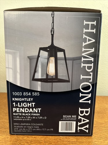 Pendant Light Matte Black Finish W/ Glass Hampton Bay P113-BKK Knightley NIB - Picture 5 of 7