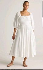 Quince Women Organic Cotton Gauze Smocked Peasant Cottage Boho Dress White S NWT