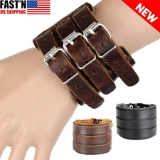 Men's Punk Wide Genuine Leather Belt Wristband Bangle Cuff Bracelet Adjustable