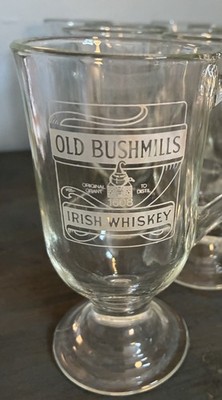 4 Old Bushmills Irish Whiskey  Footed Mugs Clear Glass 5 1/2  Tall Plus Handle