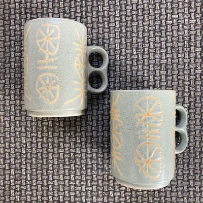 Handmade Studio Pottery Double Finger Handled Celedon Tea/Coffee Cups Set Of Two