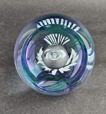 Caithness Glass Paperweight ''Highland Reel'' Featuring a Scottish Thistle Design