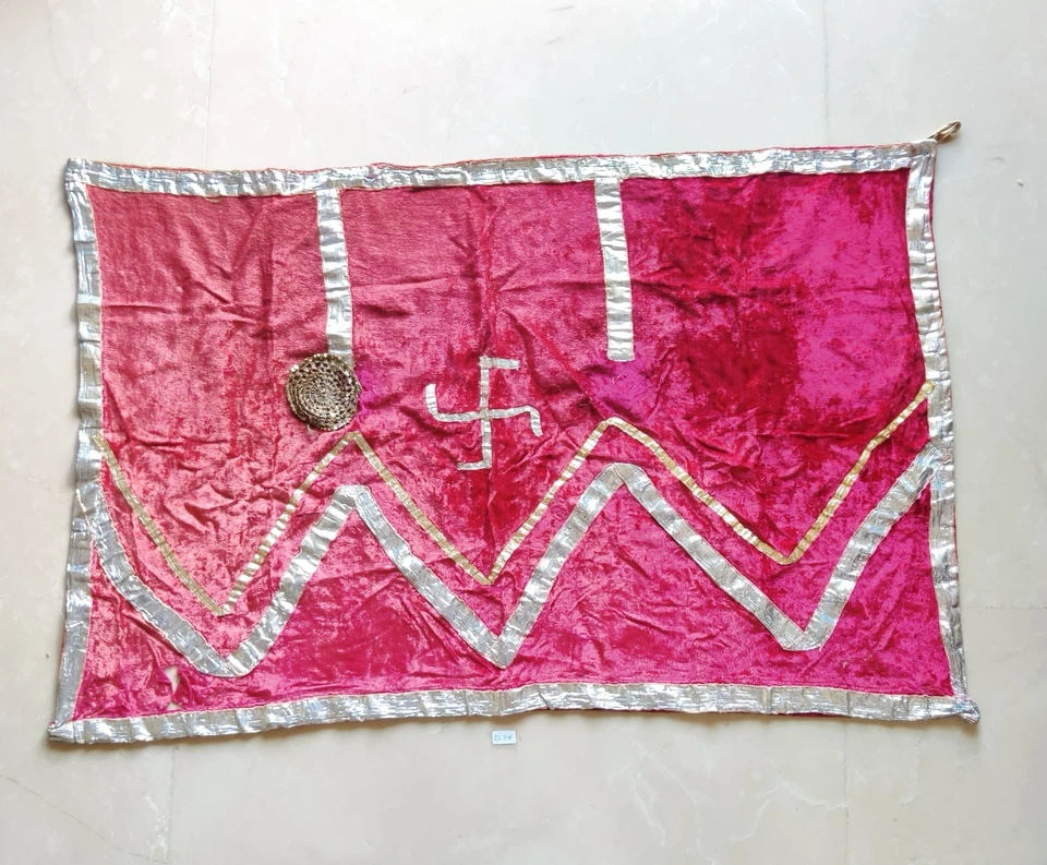 Antique Red Velvet Print Cloth Temple Carpet Retro Decorative Silver Zari CL318 - Image 2 of 4