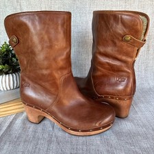 UGG Australia Lynnea Clog Boots 7 Brown Leather Shearling Heeled 1958