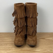 MINNETONKA 3-Layer Fringe Moccasin Mid-Calf High Boho Boot Women's Size 7