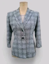 Kasper 2Pc Blue Tweed Blazer & Top Size 4P  Wool Silk Blend 3/4 Sleeves Pockets