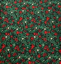 CHRISTMAS HOLLY BERRIES ON BLACK COTTON - 1 1/2 YARD