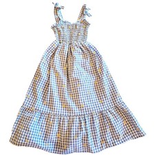 Btween Girls Blue Gingham Daisy Embroidered Smocked Maxi Dress Size 10