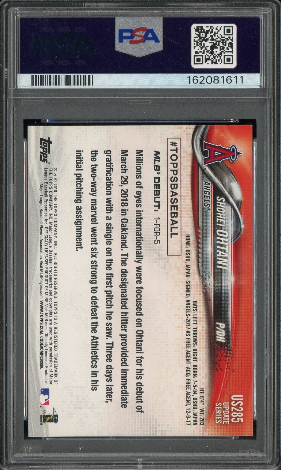 2018 Topps Update #US285 Shohei Ohtani Angels RC Rookie PSA 7 NM view 2