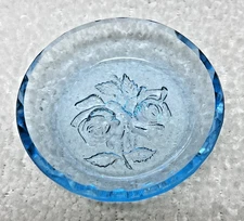 Antique Intaglio Detailed Rose Bright Blue Glass Open Salt Dip 2 1/4 Round