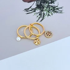 HOT Tory Burch Pavé Pearl Stacking Rings Set of 3 Luxury Gold Tone NEW Size:8