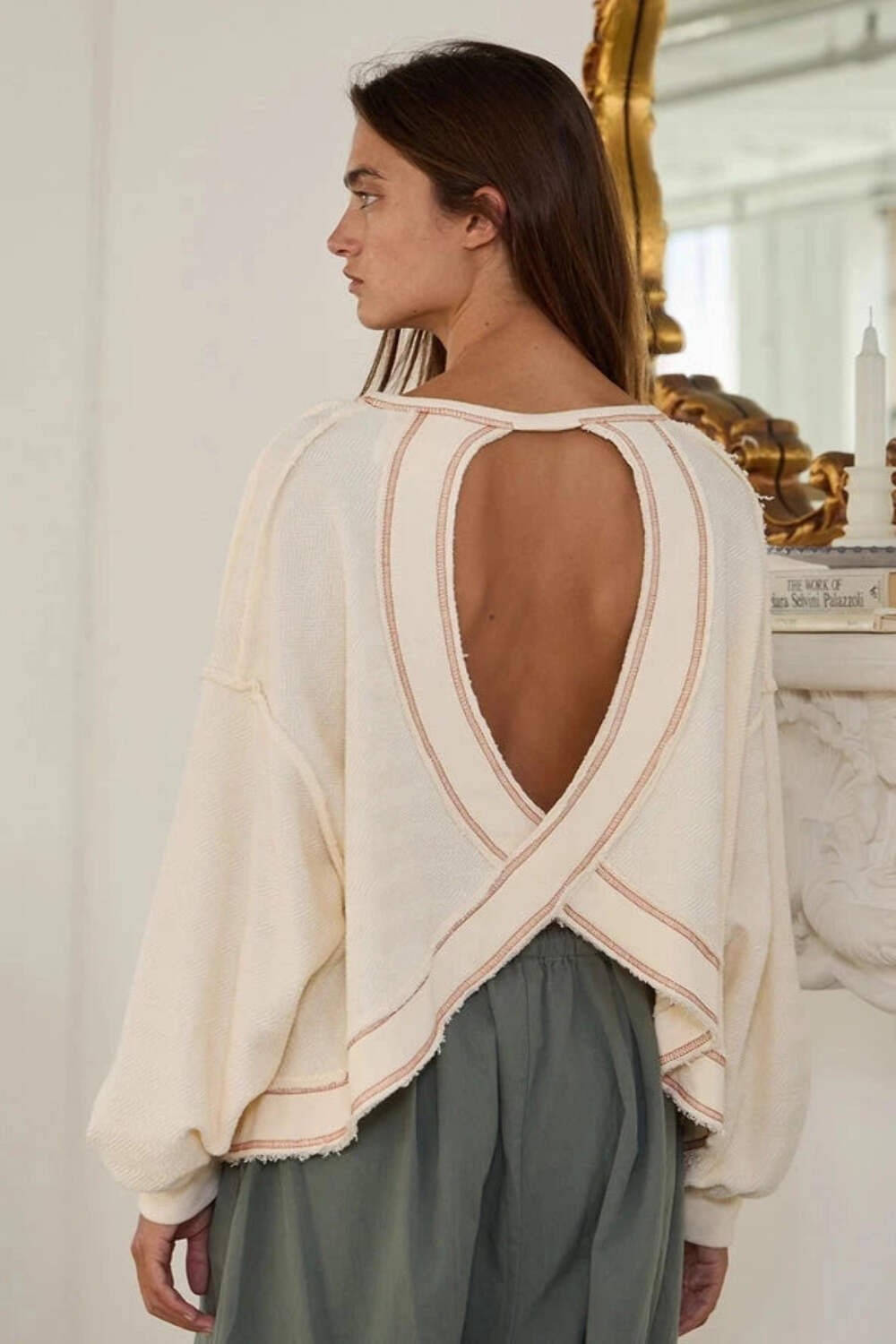BUCKETLIST Cream Overlap Open Back Oversize Fit Reverse Stitched Top
