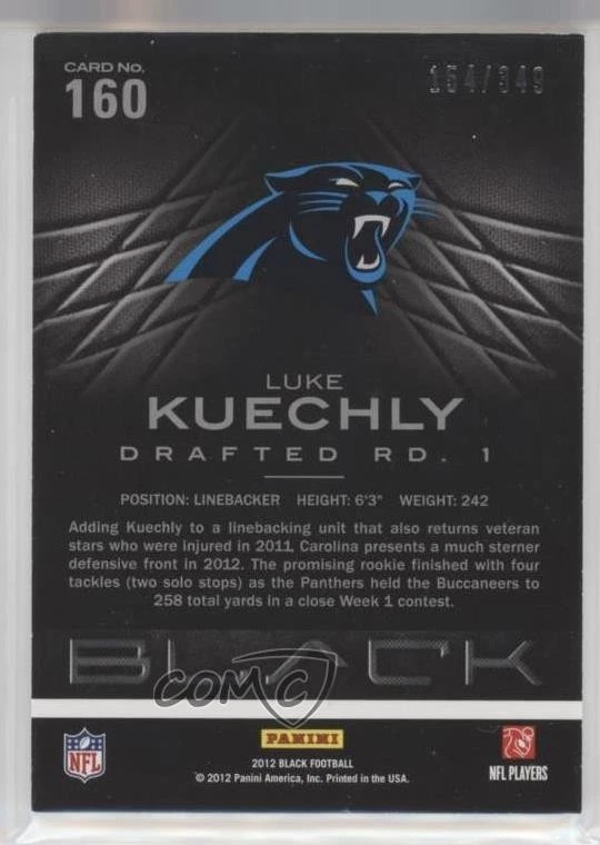 2012 Panini Black Rookie /349 Luke Kuechly #160 Rookie RC - Image 2 of 2
