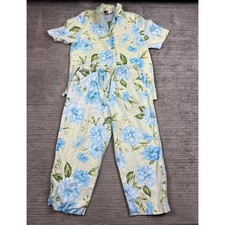 JM Collection Jennifer Moore Women Green Blue Floral 100% Linen 2pc Pant Set 12