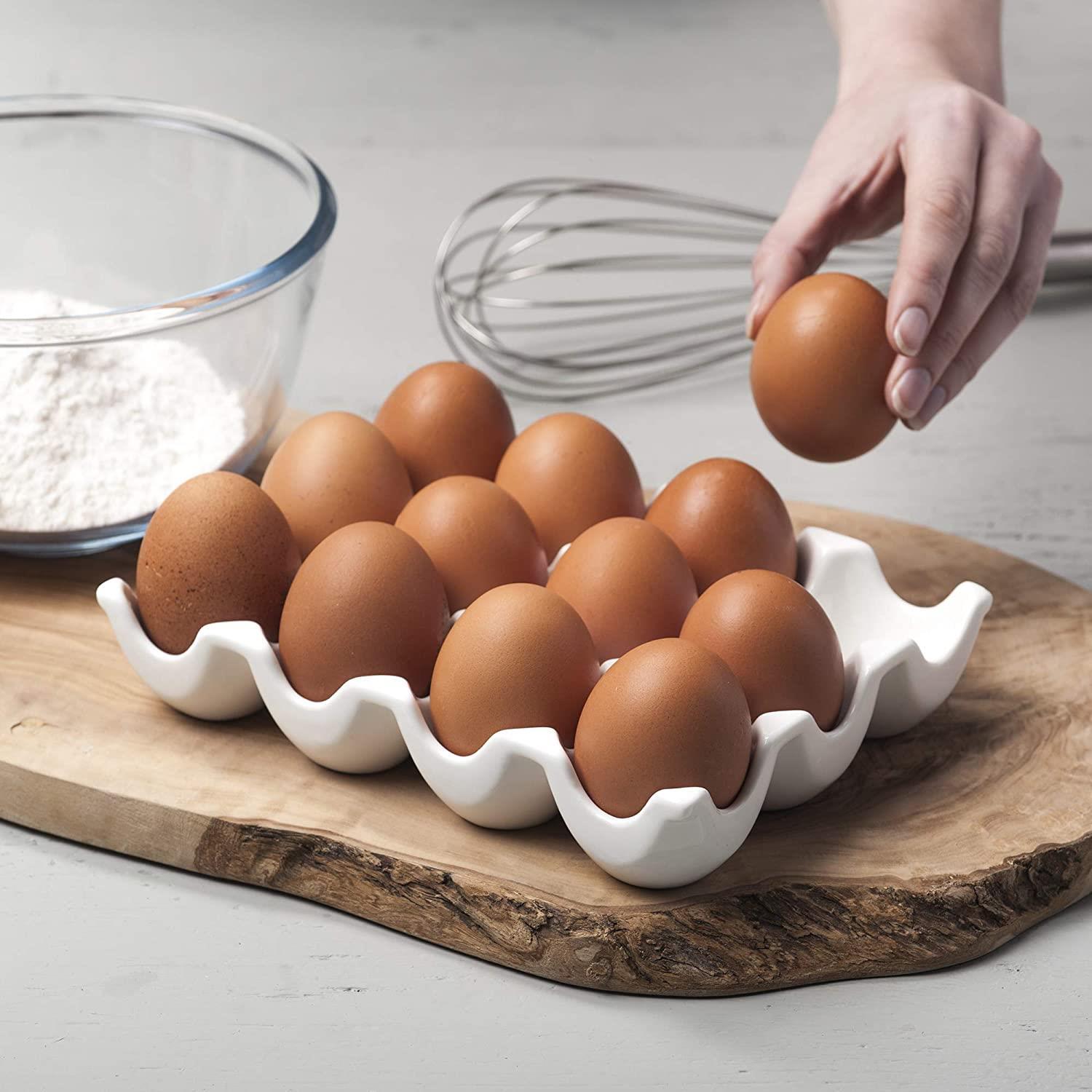 Porcelain 12 Egg Storage Tray Holder, Traditional Ceramic Tray for Eggs, White