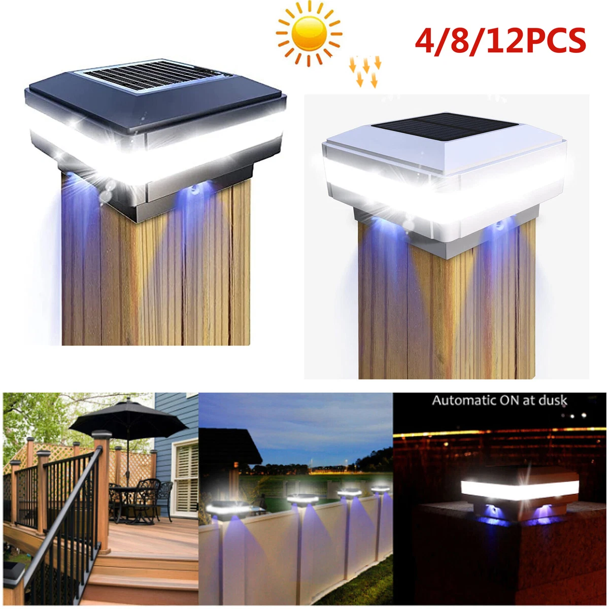 4/8/12pack LED Solar Post Lights Outdoor Garden Fence Deck Cap IP65  Waterproof eBay