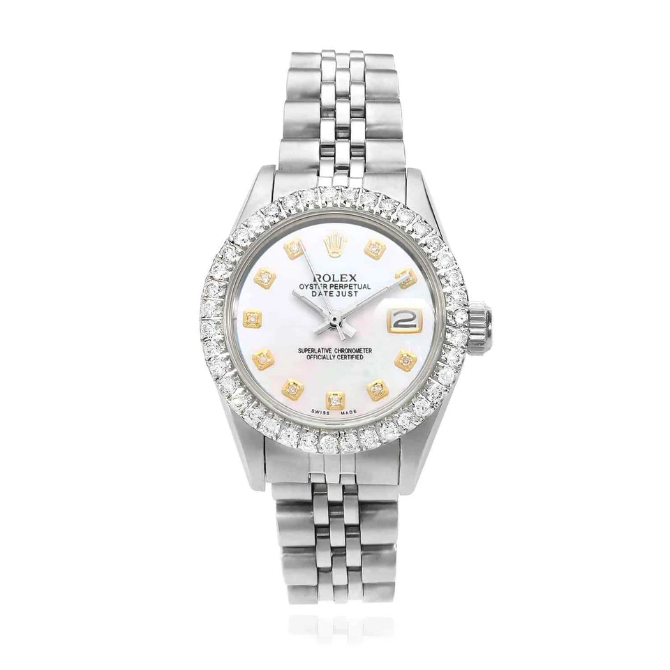 Reloj Rolex Datejust 26 mm personalizado banda Jubilee bisel de diamantes esfera blanca perla Foto 2 de 4