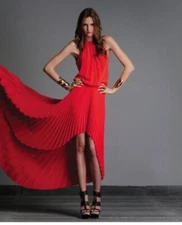 ALEXIS ANNELOT RED/ORANGE PLEATED HALTER HI LOW MAXI DRESS XS