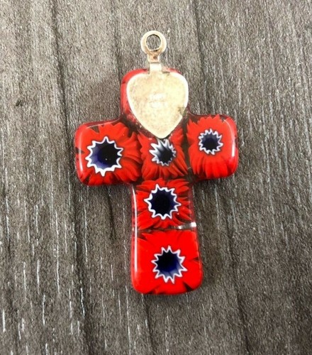 ITALIAN STUDIO GLASS & SILVER CROSS - RED & COBLAT BLUE PENDANT 30mm x 20mm Gift - Picture 2 of 8
