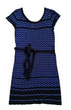 Julian Taylor Blue Black Stripe Belted Cap Sleeve Pointelle Sweater Dress Sz L