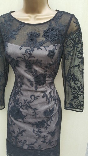 Size 10 UK KAREN MILLEN Black Mesh Floral Embroidered Beaded Party Mini DRESS - Picture 2 of 6