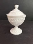 Vtg Art Deco Style White Milk Glass Footed Pedestal Lidded Candy / Trinket Dish