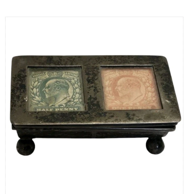 Antiguo canal de caja de estampillas dobles victorianas eduardianas de plata de ley Foto 4 de 4