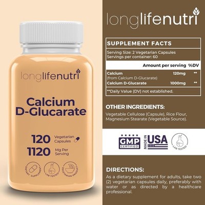Calcium D-Glucarate - 120 Vegetarian Capsules, 2-Month Supply, 1120mg per Ser...