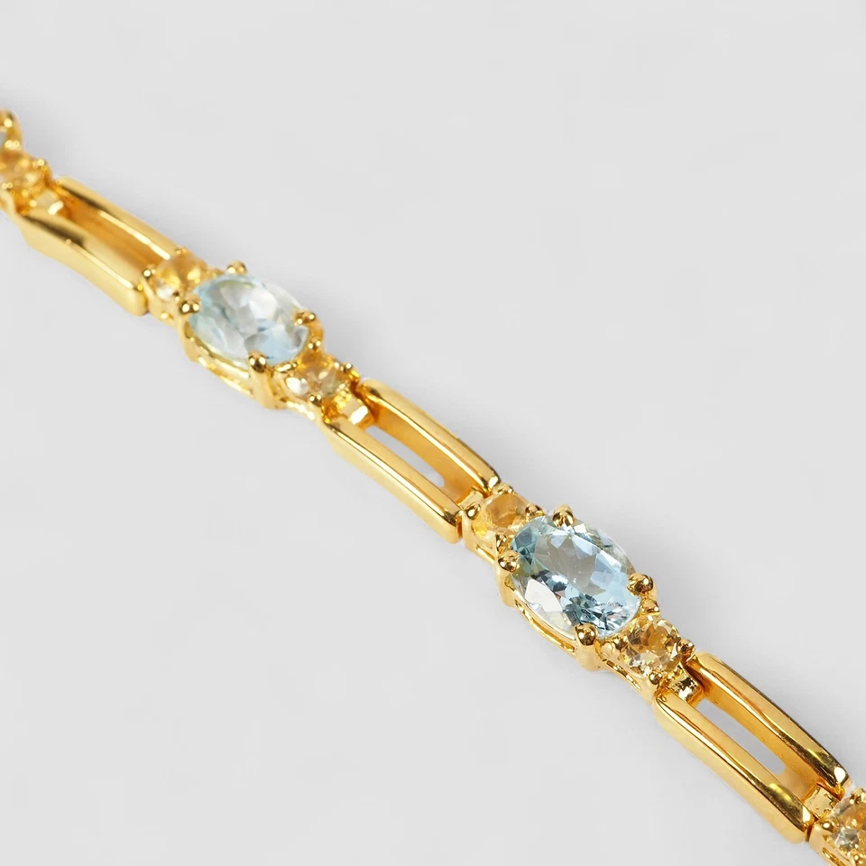 Opulent Blue Aquamarine Bracelet 925 Sterling Silver 24K Gold Plated 8.2inches - Image 2 of 4