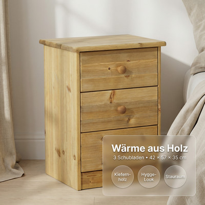New Nelly Nachtkonsole Nachttisch Kiefer massiv 3 Schubladen natur 42x57x35 cm