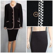 ST. JOHN Collection Black Jacket Skirt L Size 12 14 2pc Suit Buttons White Trim