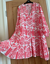 Made in Italy White & Coral Print Relaxed Fit Tiered Smock Dress, approx 22-24
