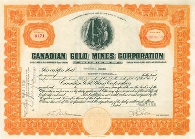 Canadian Gold Mines Corporation - Stock Certificate - Mining Stocks