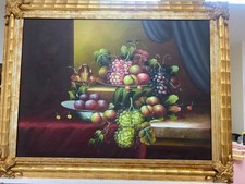 QUADRO GRANDE  OLIO SU TELA - NATURA MORTA CLASSICA CON FRUTTA - CORNICE DORATA