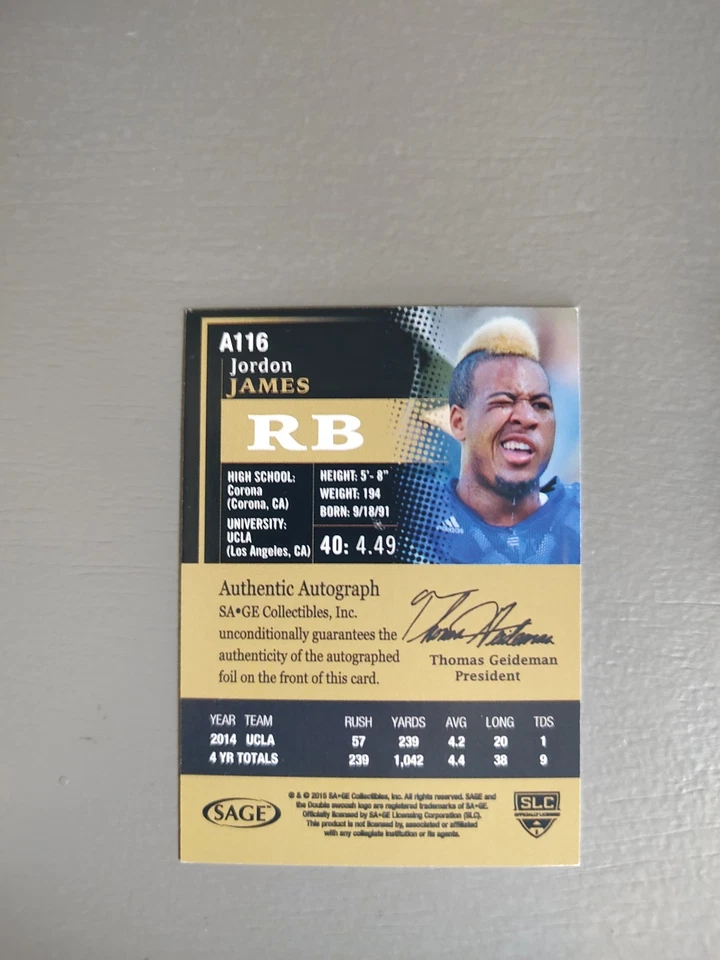 2015 Sage Hit - Autographs Jordon James #A116 Black (AU, RC)(JGA) - Image 2 of 2