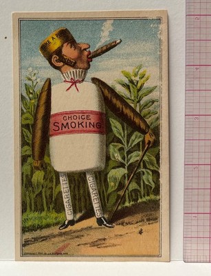 ANTHROPOMORPHIC TRADE CARD-MAN w HUMAN HEAD & TOBACCO PACKAGE BODY SMOKES CIGAR