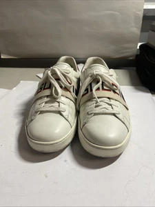 Gucci 523469 Ace Stripe Low Trainer Chaussures Baskets Cuir Blanc Homme Taille 12US