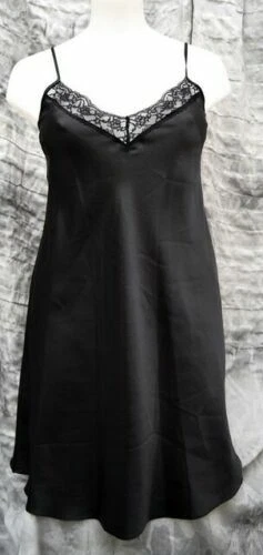 black satin nightie full slip chemise nightwear underwear nightdress with lace